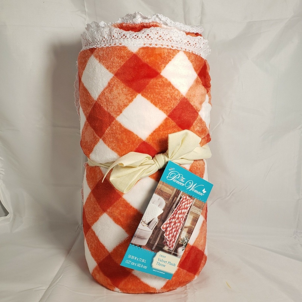 NEW Pioneer Woman 'Gingham' Velvet Plush Throw Crocheted Trim 50"x72" Red White